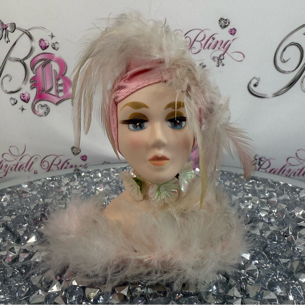 Vintage decor show girl luxe Feathered Porcelain Doll Bust - Pink & Cream doll